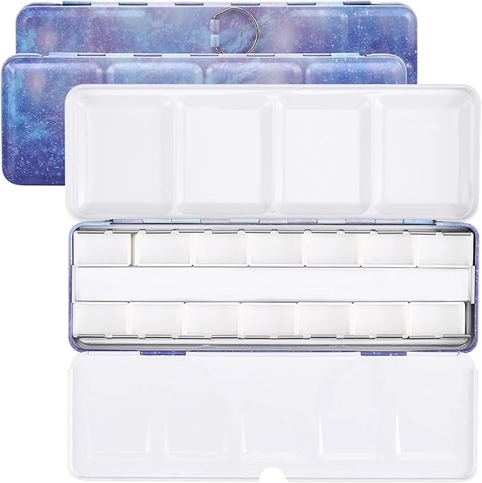 MYARTOOL Empty Watercolor Palette, Empty Watercolor Tin with Fold-Out Palette, Paint Tray Palette with 12 Empty Full Pans for DIY Travel Watercolor Palette, Acrylic Painting