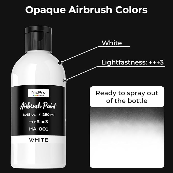 Nicpro White Large Airbrush Paint (8.45 oz, 250 ml) Ready to Spray Opaque Water-Based Acrylic Air Brush Paints for Model, Wood, Canvas, Metal, Plastic, Leather, for Beginners & Artists