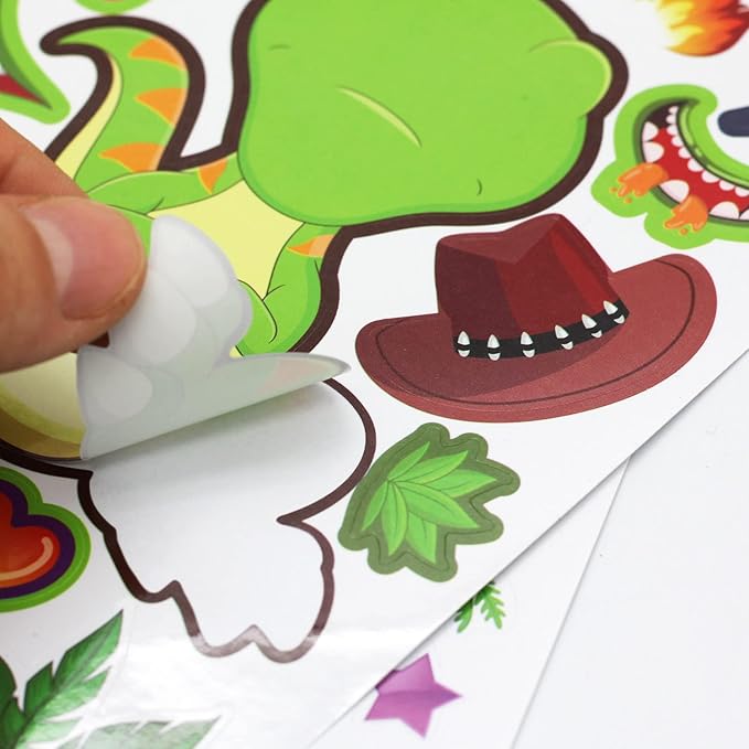 27 Sheet Dinosaur Stickers Make Your Own Dino Stickers for Kids 3+, Make-a-face Sticker Boys Girls Dinosaur Birthday Party Decorations, DIY Craft Birthday Party Favor Supplies