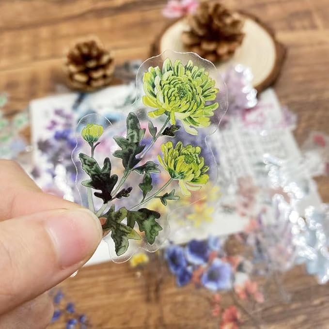 50-Pack Transparent Waterproof Watercolor Wildflower Flower Scrapbook Stickers – Vibrant Nature Floral Decals for Card, Journals, Resin Art Project