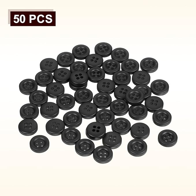 HARFINGTON 50pcs Sewing Button 11mm (15/32 Inch) 4 Holes Resin Thickened Round Crafting Replacement Buttons for Clothing DIY Crafts Decoration, Black
