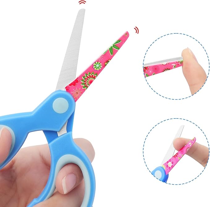 Left Handed Floral Kid Scissors, Blunt Tip Safety Children's Craft Scissors, Stainless Steel Blades, Soft Grips, for Use with Children 3 Years and Older, Pink, Blue, Red 3 Pair Pack
