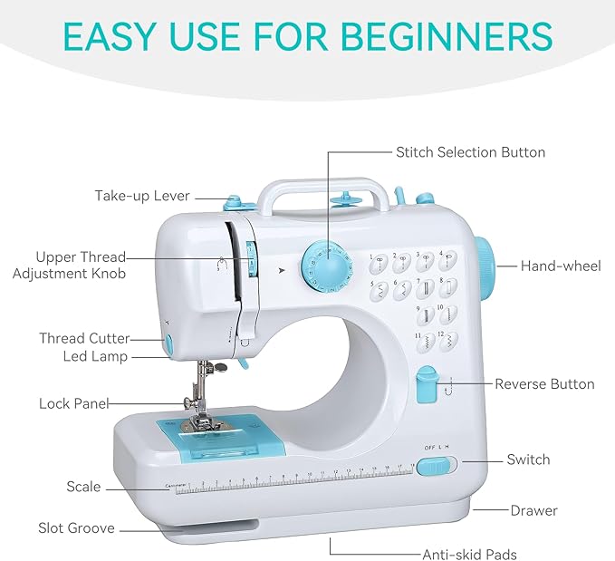 Mini Sewing Machine for Beginners, Portable Electric Sewing Machine with Dual Speed, 12 Built-in Stitches, Foot Pedal, and Accessories Kit for Home DIY Projects & Gift, Blue