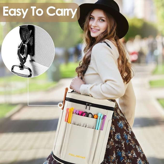 Yarn Bag Organizer, Expandable Knitting Bag Storage Crochet Bag, Portable Yarn Storage Tote Bags Organizer for Crocheting Accessories Yarn Holder for Crochet Lovers with Case, White