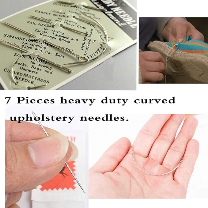 Topus Extra Strong Upholstery Repair Sewing Thread Kit and Heavy Duty Household Hand Needles, Including 7 Styles of Leather Canvas Sewing Needles and 3 Rolls Nylon Thread (70 Yard Per Roll), 3 Colors