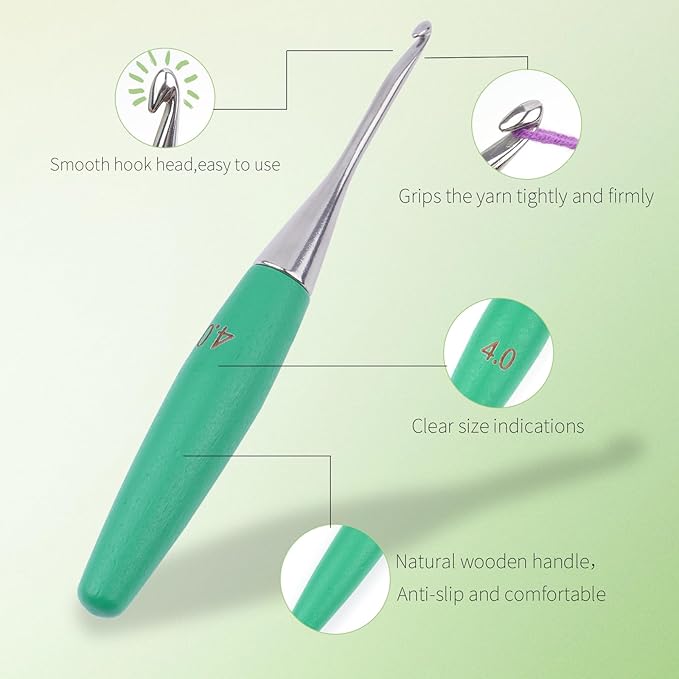 Crochet Hooks 4mm Crochet Hook Soft Lightweight Wood Ergonomic Handle and Stainless Steel Crochet Needles Tip (4 mm-G)