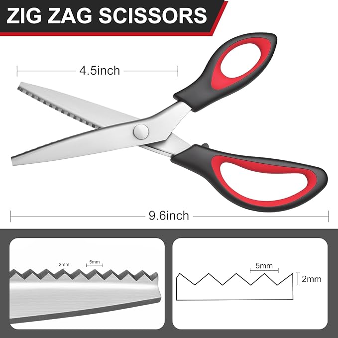 Pinking Shears, 9” Zig Zag Scissors for Fabric，Professional Handheld Dressmaking，Zigzag Cut for No-Fray Fabric, Sewing & Craft Edging