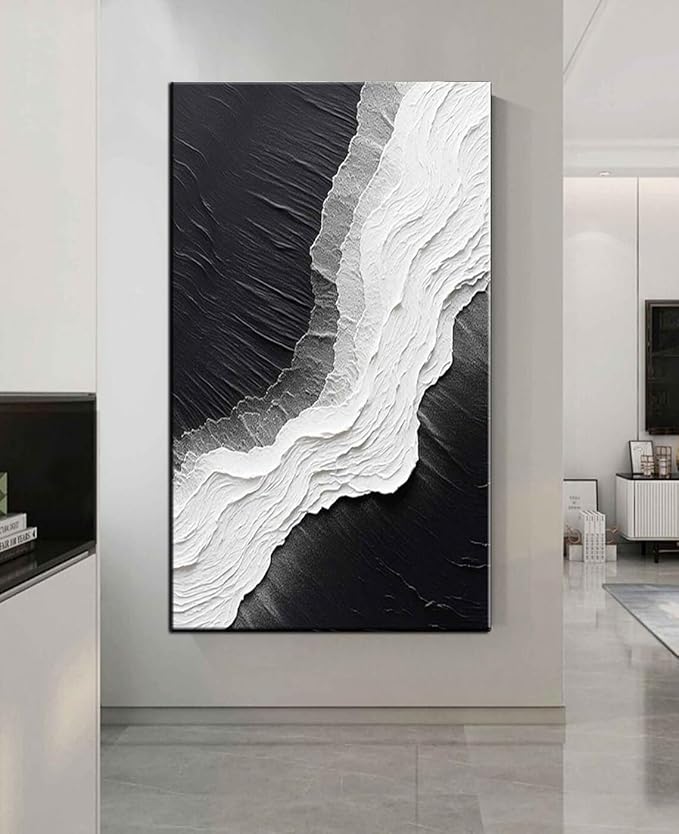 YaSheng Art - Hand-Painted Thick Texture Abstract Oil Painting sea wave Black and White Wall Art Minimalist modern Art Paintings Home Living room Room Dining Room Bedroom Wall Decorative Art Oil Painting 24x48inch