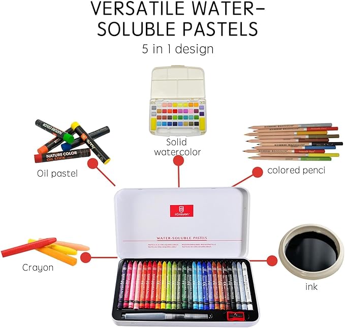 25 Colors Water Soluble Pastels, Watercolor Pastel Set for Beginners and Hobbyists, Includes Sharpener, Palette & Brush for Vibrant Art Creations (Classic)