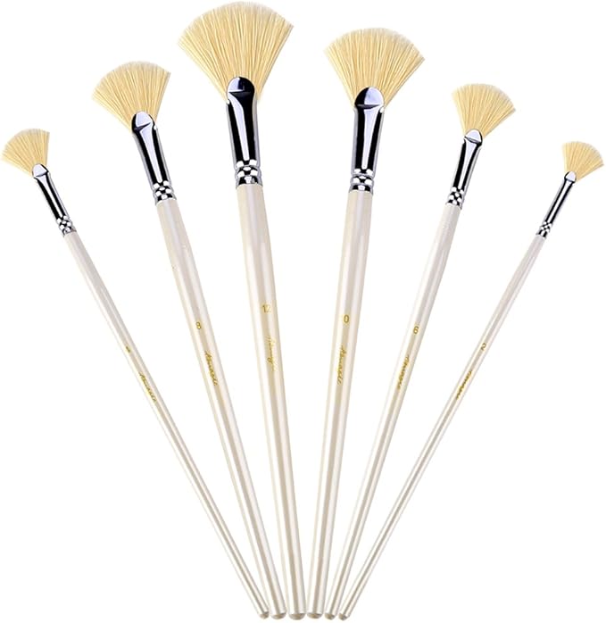 Amagic Fan Brush Set - Hog Bristle Natural Hair - Artist Soft Anti-Shedding Paint Brushes for Acrylic Watercolor Oil Painting, Long Wood Handle with Case, Set of 6