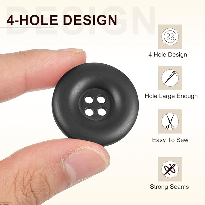 HARFINGTON 50pcs Sewing Button 30mm (1-3/16 Inch) 4 Holes Resin Thickened Round Crafting Replacement Buttons for Clothing DIY Crafts Decoration, Black