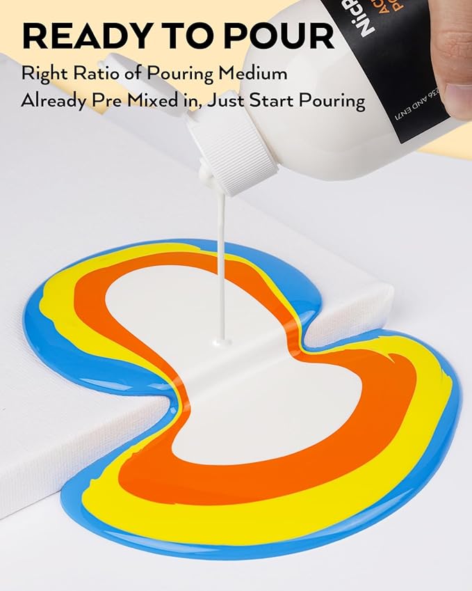 Nicpro 14 Colors 8.45oz Acrylic Pour Paint Supplies Kit, Large Volume Premixed High Flow Painting Bulk Set with Canvas, Wood Natural Slices, Pouring Oil, Tools Gloves, Strainer, Cups for Beginner DIY