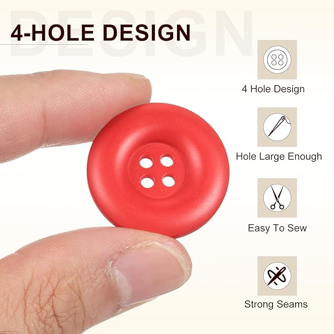 HARFINGTON 50pcs Sewing Button 28mm (1-1/8 Inch) 4 Holes Resin Thickened Round Crafting Replacement Buttons for Clothing DIY Crafts Decoration, Red