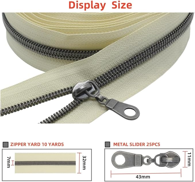 MebuZip #5 Gunmetal Metallic Nylon Coil Zippers by The Yard Bulk Coil Zipper Roll 10 Yards with 25pcs Pulls for DIY Sewing Craft Bags (Beige)