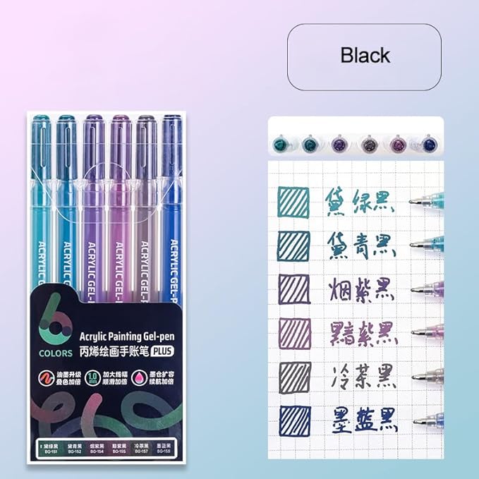 Acrylic Gel Pens for Coloring Books, Quick Dry 6 Pcs 1.0mm Fine Point Gel Marker Pen for Drawing, Journaling Art, Black
