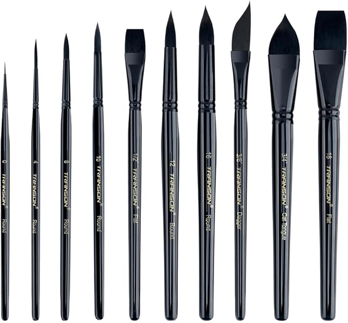 Transon 10pcs Natural Watercolor Paint Brush Set Professional for Watercolor Acrylic Ink Gouache Tempera