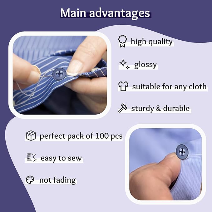 100 Pcs Navy Sewing Buttons 16L (10mm) 4 Hole Round Bulk Buttons for Clothes 0.4 inch Plastic Dark Blue Buttons for Sewing Pants Blouse Shirt Dress Skirt Shorts Replacement Decorative DIY Arts