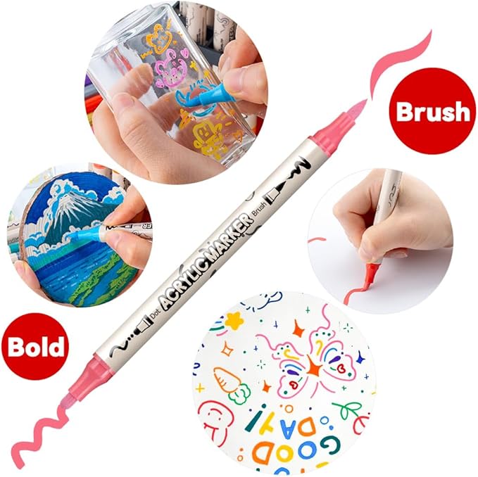 TRANSON 24 Colors Bold and Brush Dual-tip Acrylic Paint Marker Pen for Canvas Rock Wood Leather Ceramic DIY Painting
