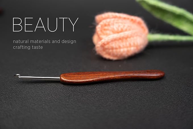 SEVENSUN Mimosa 4mm Single Crochet Hook, Available in 0.6mm-6.5mm, Ergonomic Hand Polished Stainless Steel Inline Pointy Wood Handle Crochet Hook for Arthritic Hands, Mother's Day Gifts for Mom