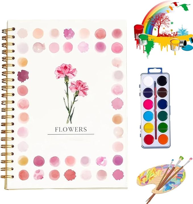 Clhjinruoliu Water Color Workbook,Animals Flowers Ocean Water Coloring Book, Nature Scenes Paint Set Art Crafts, Beginner-Friendly Watercolor Workbook, with 12 Colors Paints Set with Paint Brush,Flowe