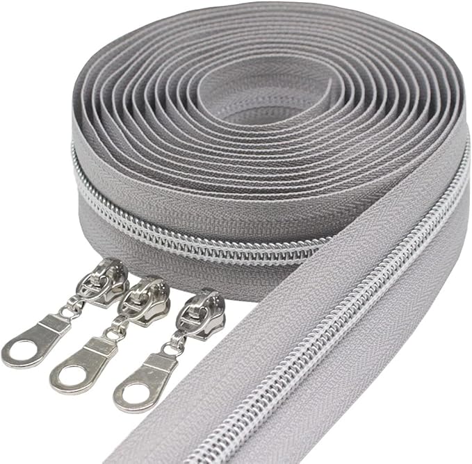 MebuZip #5 Silver Metallic Nylon Coil Zippers by The Yard Bulk Coil Zipper Roll 10 Yards with 25pcs Pulls for DIY Sewing Craft Bags (Grey)