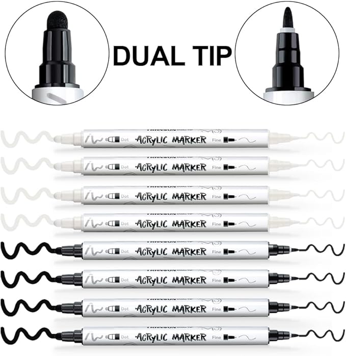 TRANSON 4 Black and 4 White Paint Markers Bold and Fine Dual-tip Acrylic Paint Marker Set for Rock Painting Glass Canvas Wood Leather Ceramic Painting