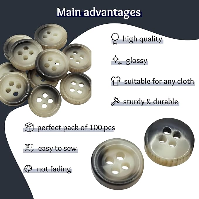 0.4 inch Gray Buttons for Sewing 100 Pcs Buttons for Shirt 4 Hole 16L Plastic 10mm Ideal for Dress Blouse Workwear School Chef Aprons Pants Jacket Bags Craft DIY Decorations