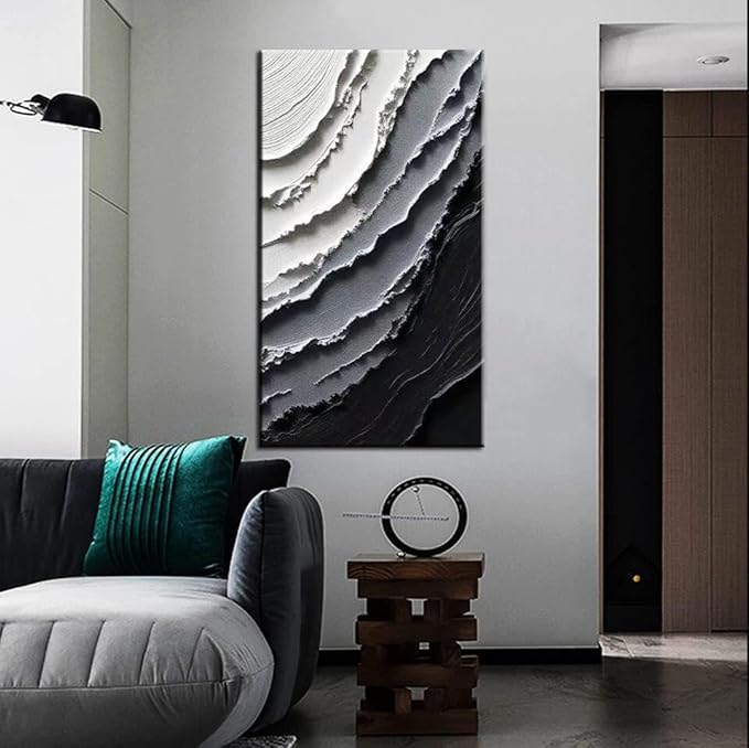 YaSheng Art -Handmade Modern Abstract Wall Art, Black and White Gradient Canvas Print, Large Vertical Wall Art for Living Room Bedroom Office Decor, 24x48inch Ready to Hang