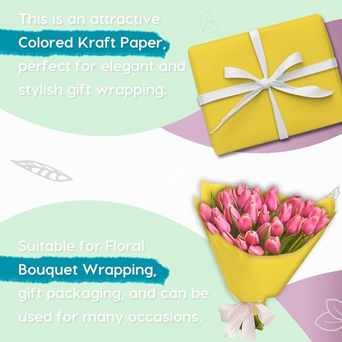 PerkHomy 17.8" x 1,440" (120') Lemon Yellow Kraft Paper Roll for Craft Bulletin Board Paper Art Table Covering Crafting Gift Wrapping Bouquet Packing Parcel 80GSM (Lemon Yellow, 17.8" x 120')