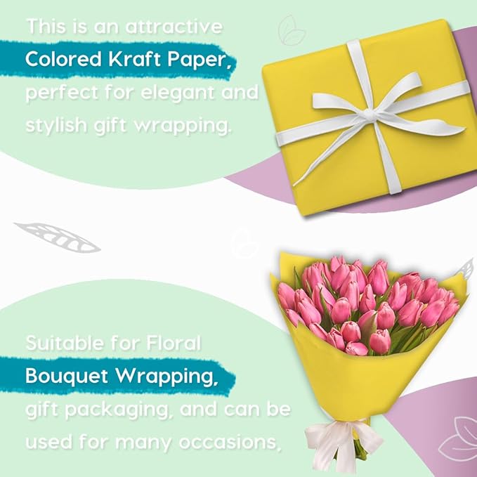 PerkHomy 36" x 1,440" (120') Lemon Yellow Kraft Paper Roll for Craft Bulletin Board Paper Art Table Covering Crafting Gift Wrapping Bouquet Packing Parcel 80GSM 55LB (Lemon Yellow, 36" x 120')