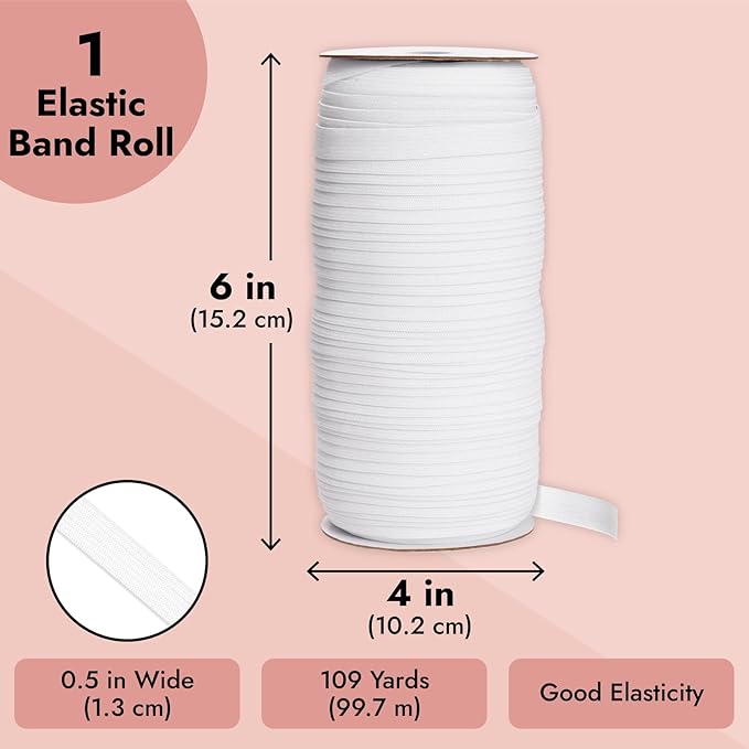 Juvale Elastic Band for Sewing - Half-Inch Knit Band for Waistbands & Half-Inch Elastic for Sewing - Bulk 109-Yard Roll & Craft Supplies - 109 Yds, White