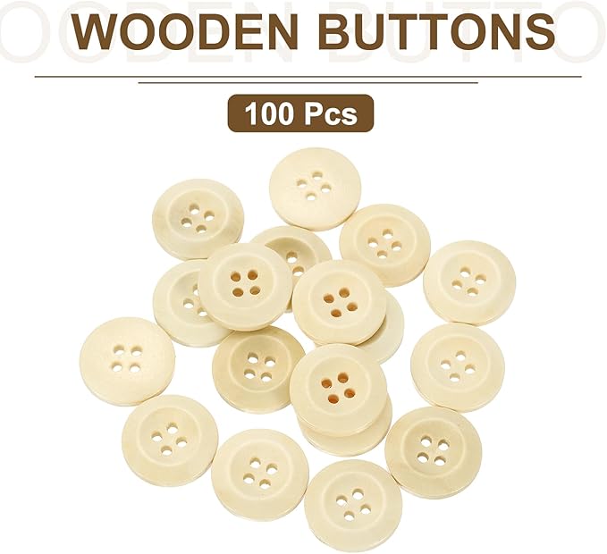 uxcell 100Pcs Wooden Buttons, 20mm(13/16") 4 Hole Round Wood Sewing Button Craft for Sewing DIY Craft Clothing, Natural Wood