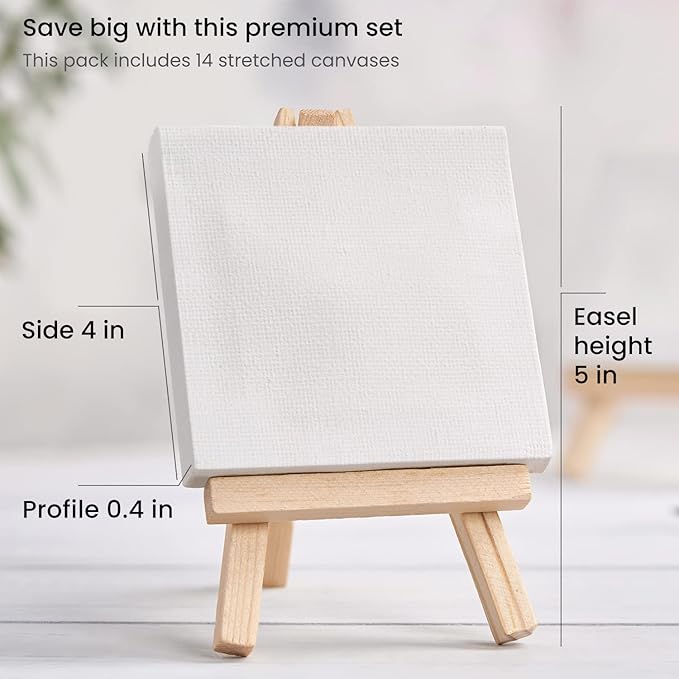 ARTEZA Small Canvases with Easels, 4 x 4 Inches, Pack of 14, Blank White Stretched Canvas for Acrylic, Oil and Gouache Painting
