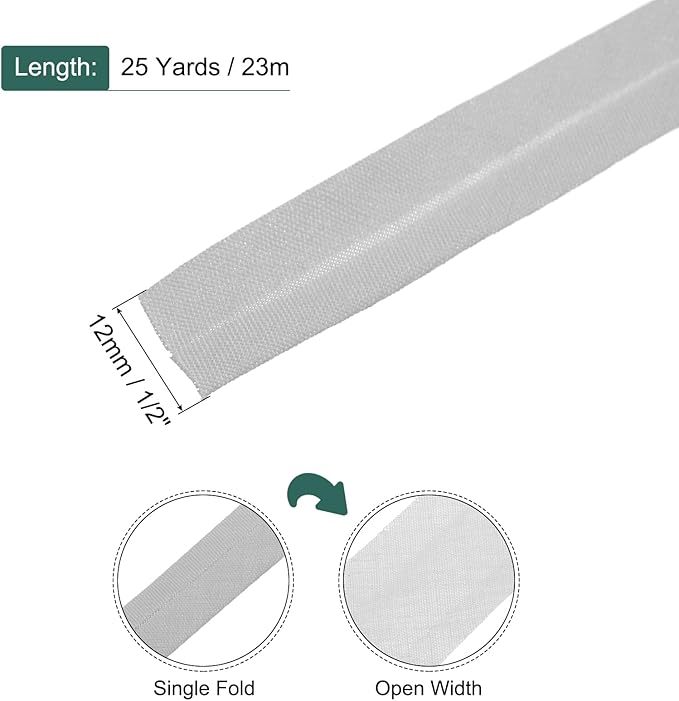 MECCANIXITY 1/2 Inch Single Fold Bias Tape Polyester Continuous Bulk Bias Tape for Sewing,Seaming Quilting Hemming Binding Crafts (Gray 25 Yards)