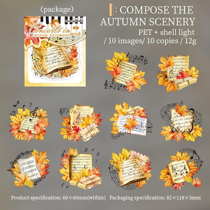MAFELOE Scrapbook Stickers of 10 Pieces, PET Aesthetic Deco Stickers Journaling Supplies for Junk Bullet Bottles Laptop- Maple Leaf&Music Series-E