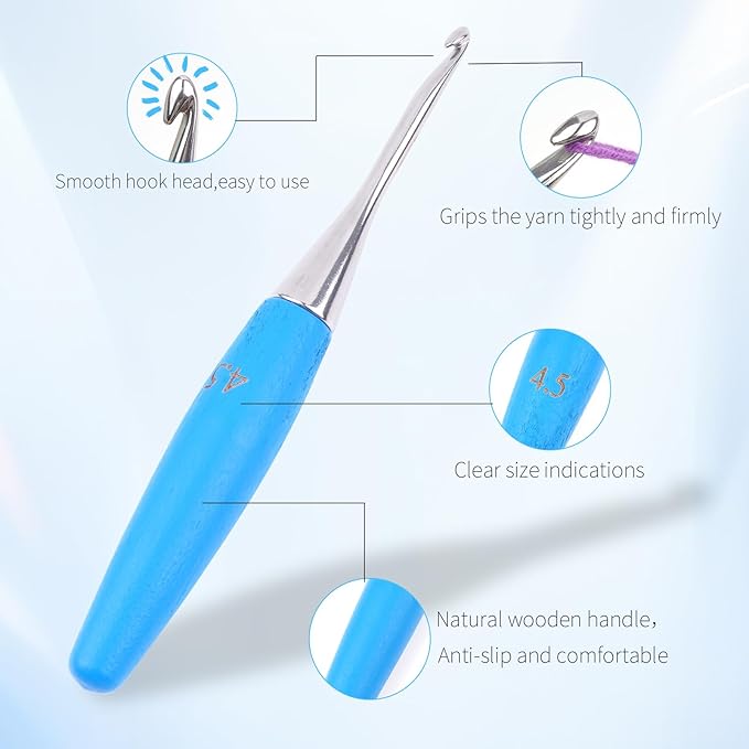 Crochet Hooks 4.5mm Crochet Hook Soft Lightweight Wood Ergonomic Handle and Stainless Steel Crochet Needles Tip (4.5 mm-7)