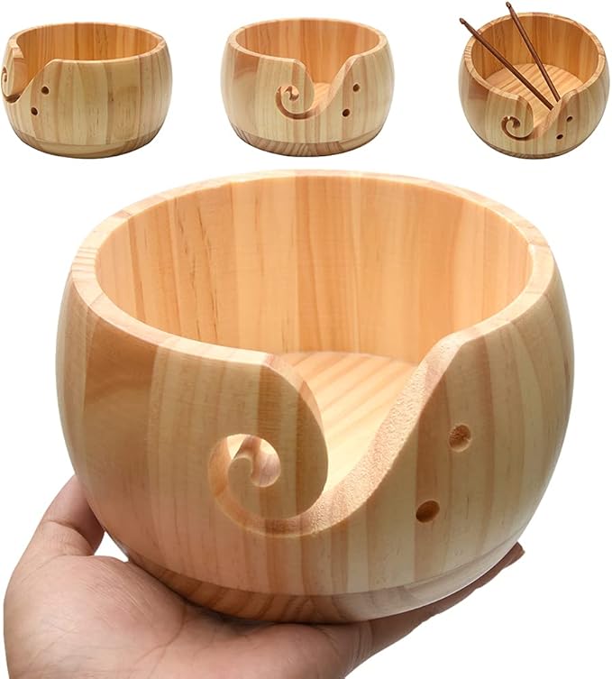Wooden Yarn Bowl with Bamboo Crochet Hooks, Knitting Accessories DIY Hand Craft Yarn Holder Dispenser Storage Bowl for Skeins, Birthday Gifts for Crocheters Knitting Lovers(Color:Varnish Color)