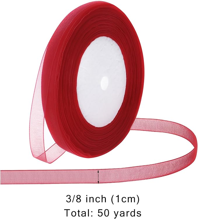 Red Ribbon for Gift Wrapping 3/8 inch Sheer Organza Ribbon for Flower Bouquet Tulle Chiffon Ribbons for Wedding Invitations Christmas Halloween Decorations Crafts 50 Yards