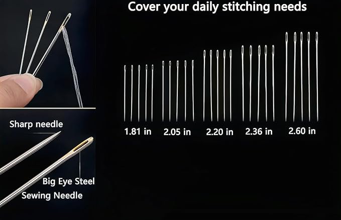35PCS Large Eye Sewing Needles, Big Eye Steel Needle Set, Stainless Steel Needles for Hand Sewing, Stainless Steel Yarn Knitting Needle with Threader Thimble for Crafts, Repair Quilting