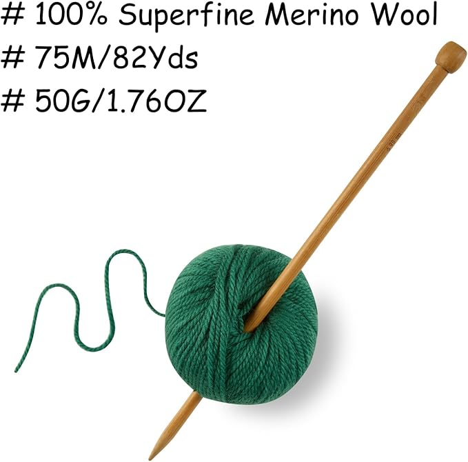 100% Merino Wool Yarn 3-Ply Luxurious and Soft Yarn for Hand Knitting & Crocheting (Christmas Green,3Balls)