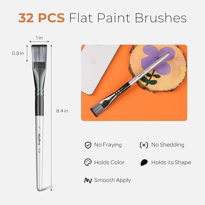 Nicpro 32pcs 1 Inch Flat Paint Brushes for Acrylic Painting, Large Paint Brushes Bulk for Acrylic Watercolor Oil, Artist Paint Brush Set for Canvas Painting, Base Coating, Crafts, Face, Group Use