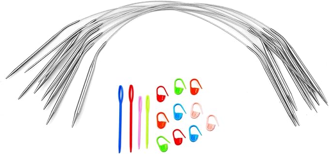 Circular Knitting Needles Set,9 Pack Stainless Steel Knitting Needles Kit (16 Inch/40cm),9 Sizes from 2mm-6mm,with Small Tools,Round Short Metal,for Beginners,Making Sock,Weave DIY Lover