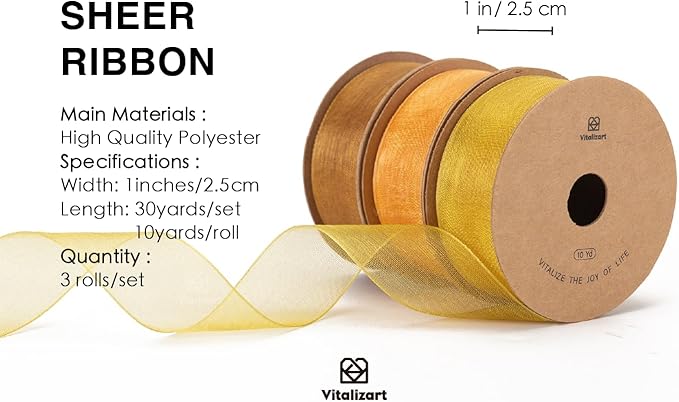 Vitalizart Gold Ribbon Organza Sheer Ribbon 1 inch x 30 Yd Fall Ribbon Handmade Fabric Ribbons for Gift Wrapping Christmas Tree Crafts Bows Wedding Invitations Wreaths Wrap