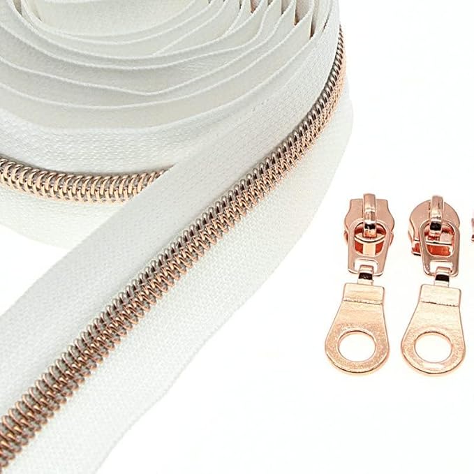 #5 Rose Gold Metallic Nylon Coil Zipper by The Yard, Bulk 10 Yards White Tape with 25PCS Rose Gold Zippers Pulls for Sewing, Bags, Purses YIGUANXIN