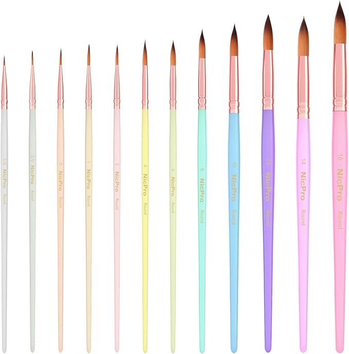 Nicpro 12pcs Watercolor Paint Brushes, Aesthetic Pastel Round Pointed Tip Paint Brush Set, Professional Soft Synthetic Squirrel Paint Brushes, Artist Painting Brushes for Watercolor, Inks, Gouache