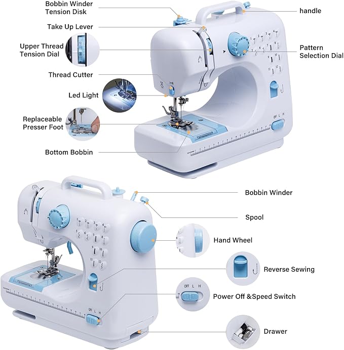 Sewing Machine for Beginners with Extension Table Portable Mini Sewing Machines Kit Supplies 12 Built-in Stitches with Needles Assorted Thread Kit Starter Kit Easiest for Adult and Kids