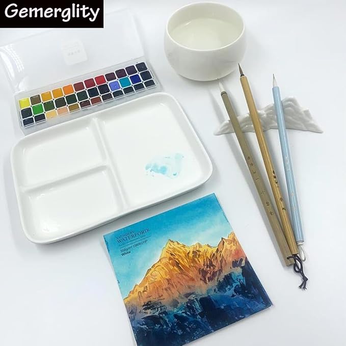 Porcelain Watercolor Palette 10'' × 7'' Ceramic Mixing Tray Rectangle Ceramic Artist Paint Palette for Painters,Gouache