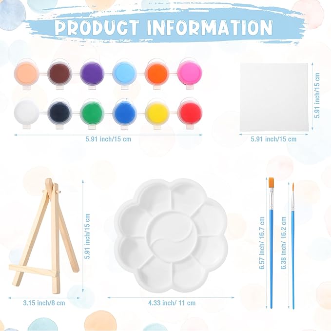 Qilery 12 Set Acrylic Paint Kit Mini Stretched Canvas with Easel, Acrylic Paints Strips, Brushes, Palette, Art Set for Kids Adults Classroom Birthday Party Favors(6 x 6 Inch)
