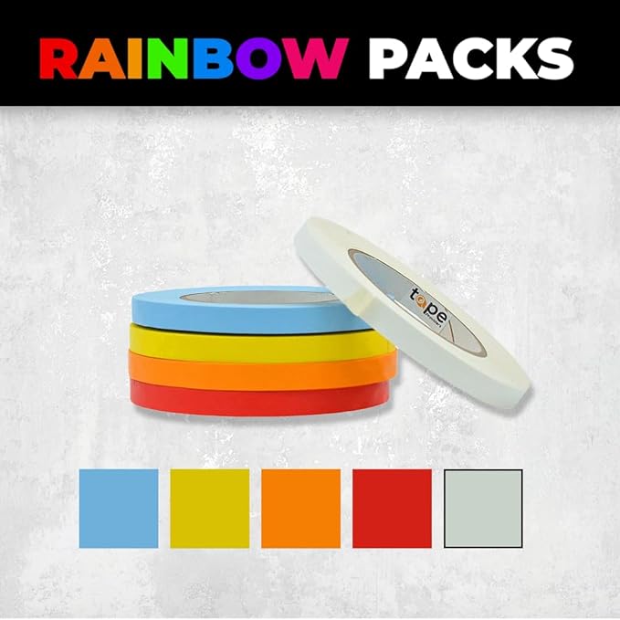 WOD CFTC6 Console Artist Tape Made in USA Rainbow, 1/2 inch x 60 yds. Set of 5 Rolls - Flatback Paper Marking/Labeling Tape Residue Free, for Watercolor Paper to Prevent Tearing