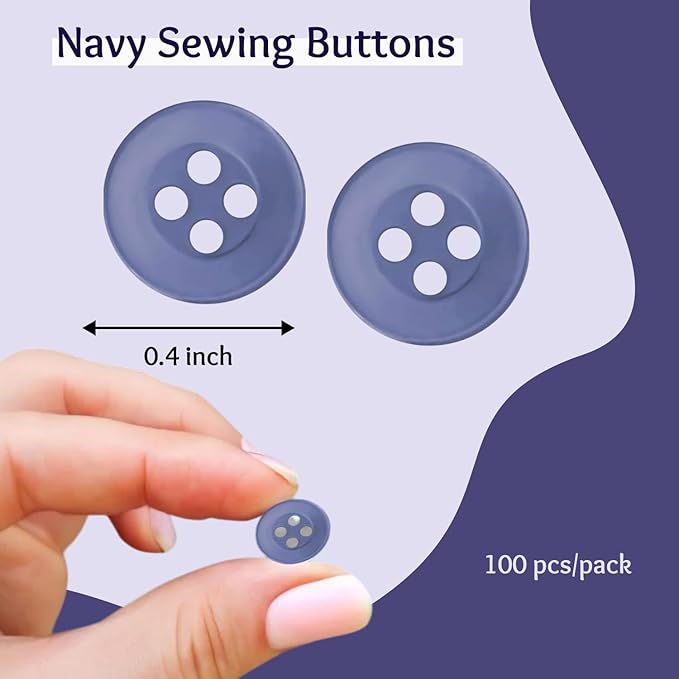 100 Pcs Navy Sewing Buttons 16L (10mm) 4 Hole Round Bulk Buttons for Clothes 0.4 inch Plastic Dark Blue Buttons for Sewing Pants Blouse Shirt Dress Skirt Shorts Replacement Decorative DIY Arts